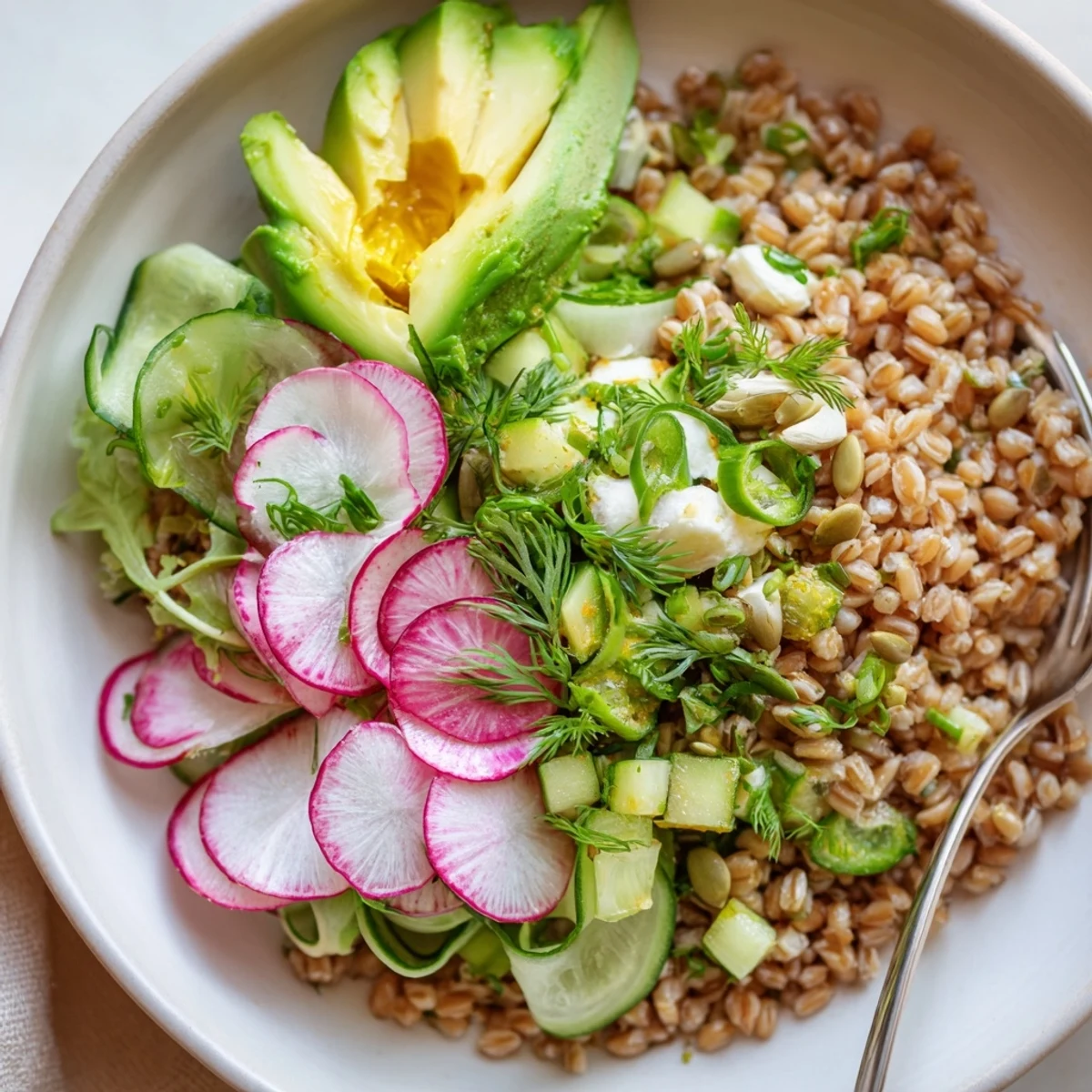 Citrus Herb Farro and Radish Bowl topped with sliced avocado, crumbled feta, toasted seeds.