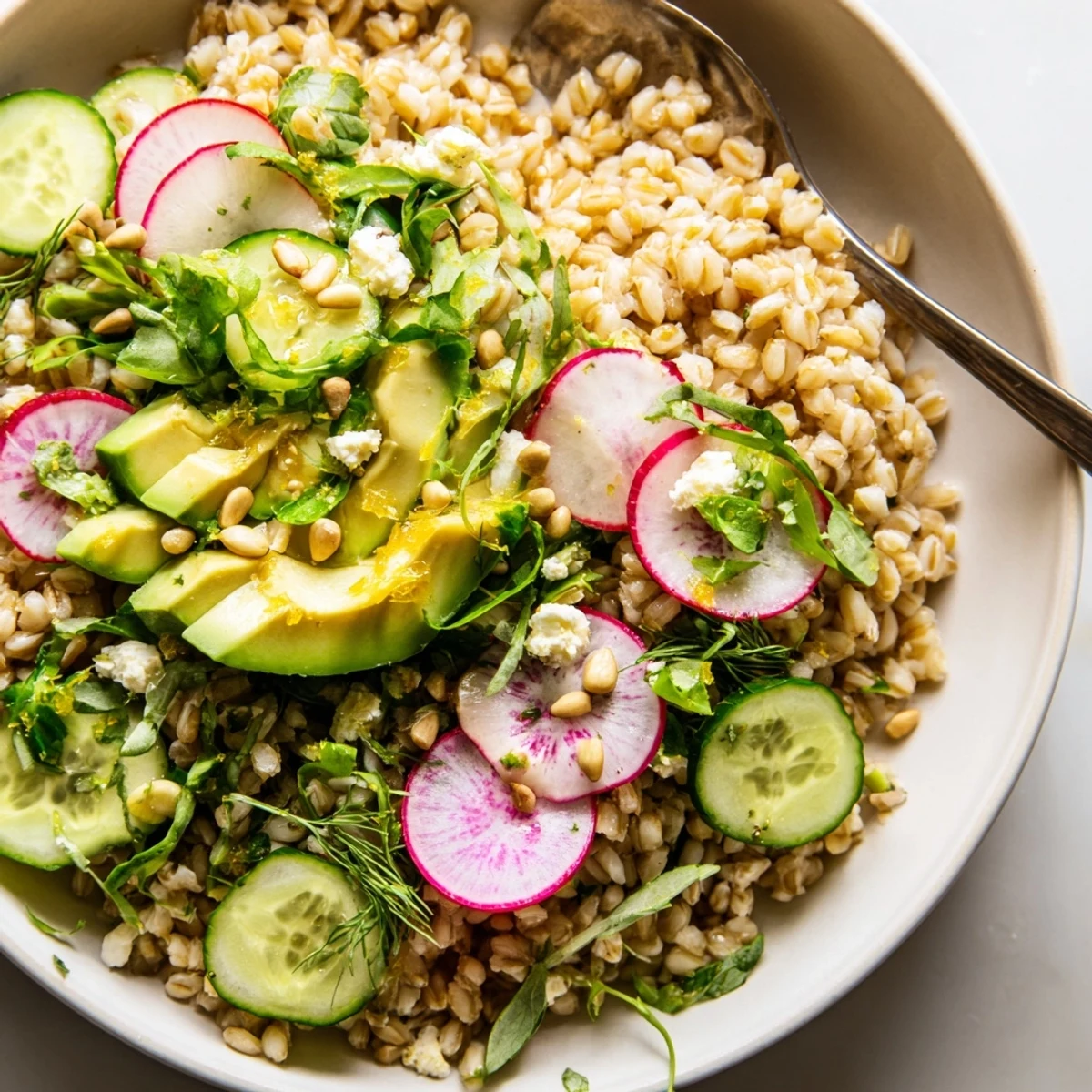 Bright Citrus Herb Farro and Radish Bowl with nutty grains and zesty dressing.