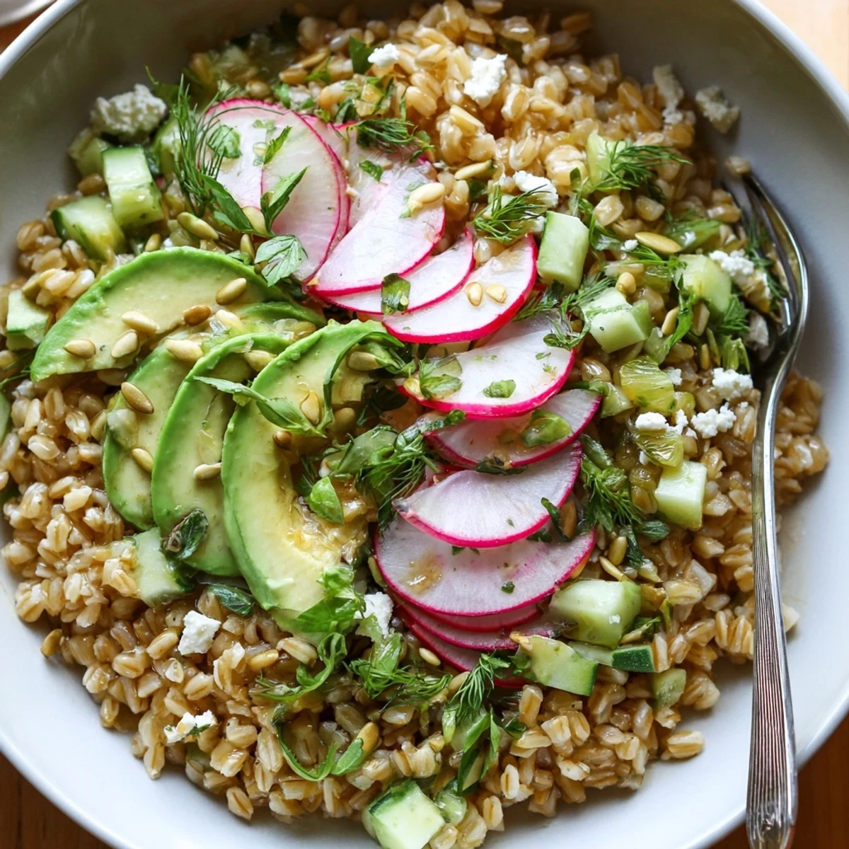 A chilled Citrus Herb Farro and Radish Bowl served with sparkling water for refreshment.
