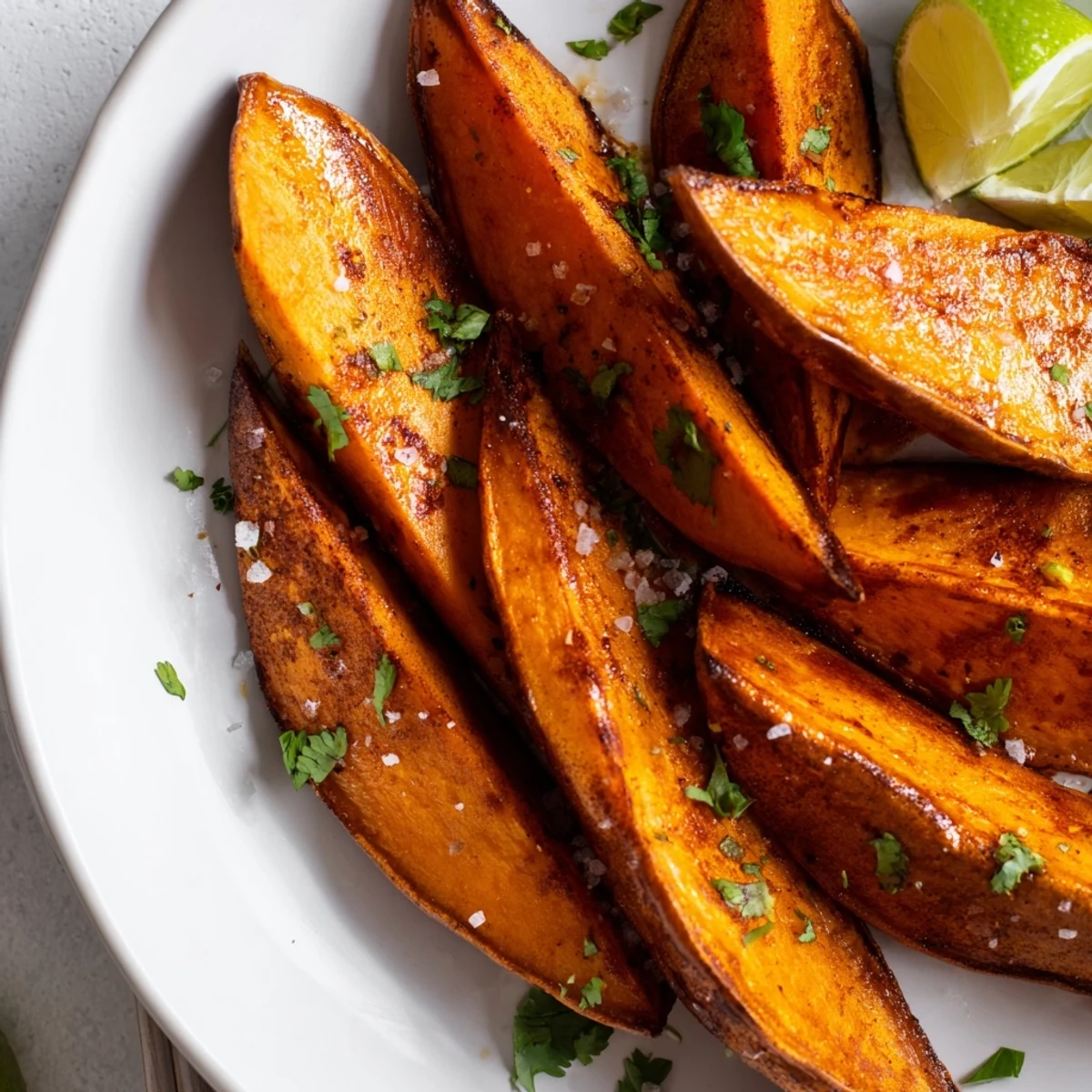 Smoky Roasted Sweet Potato Wedges with crispy edges, fluffy centers, herb garnish
