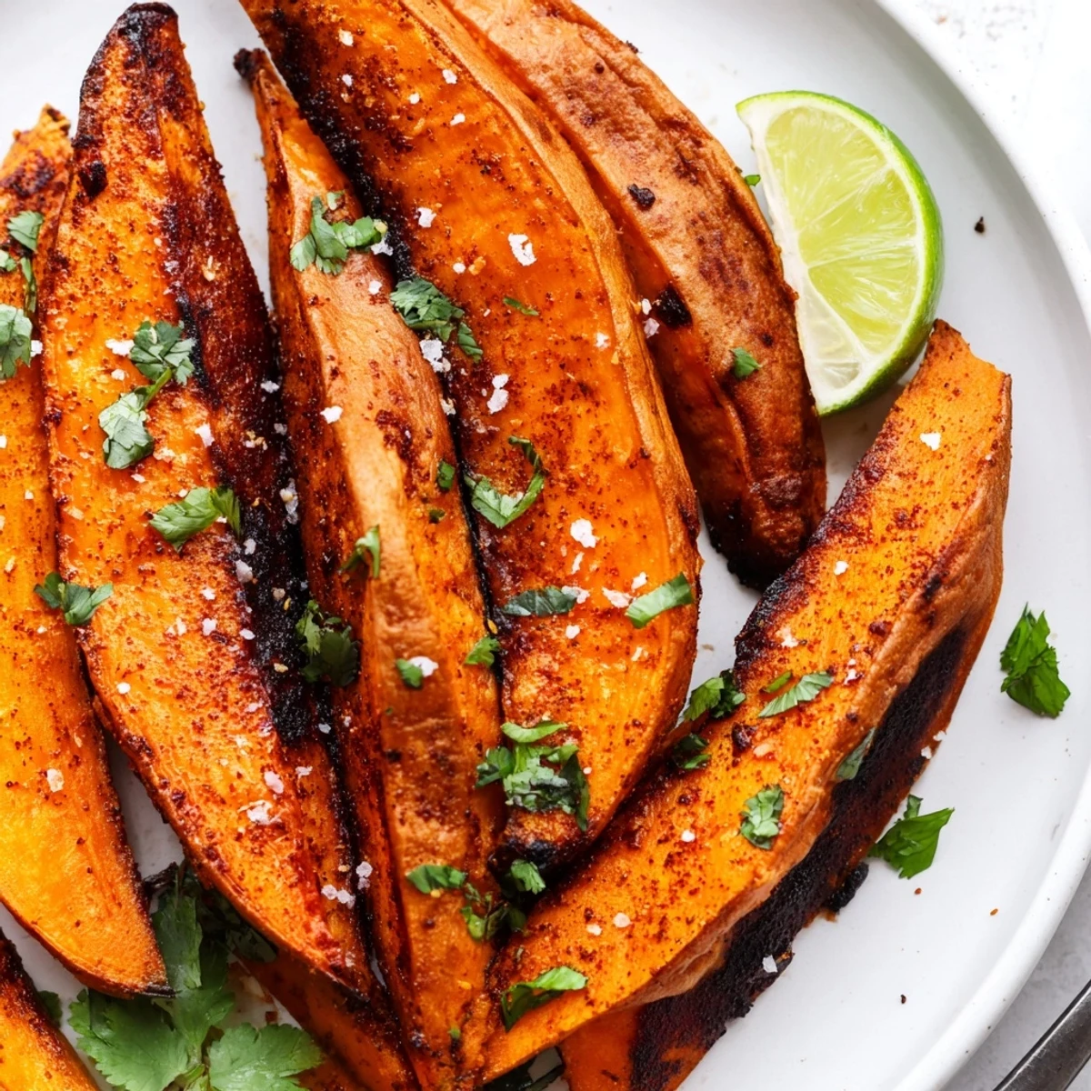 Golden Smoky Roasted Sweet Potato Wedges piled on baking sheet, lime wedges