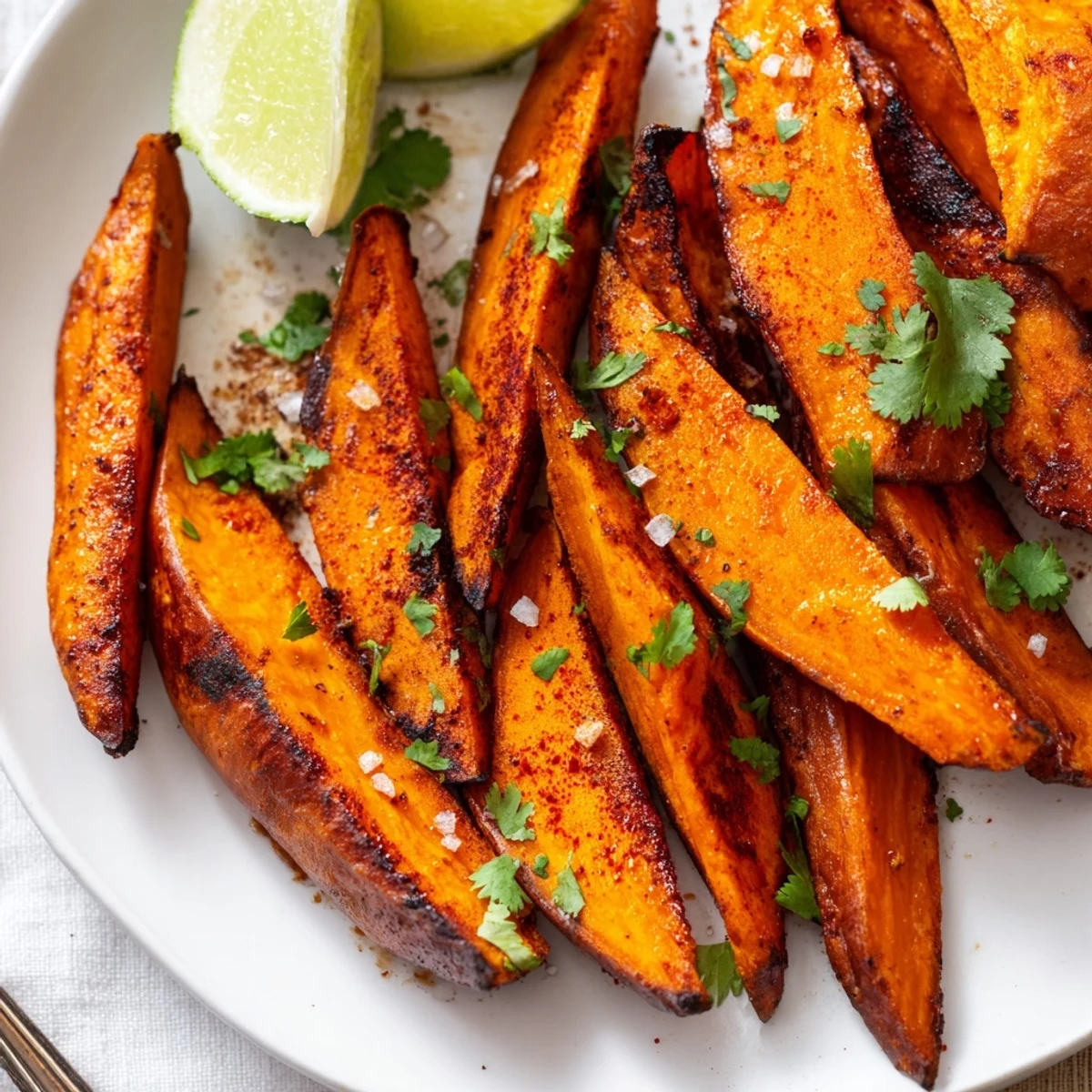 Warm bowl revealing Smoky Roasted Sweet Potato Wedges, spiced edges and tangy lime