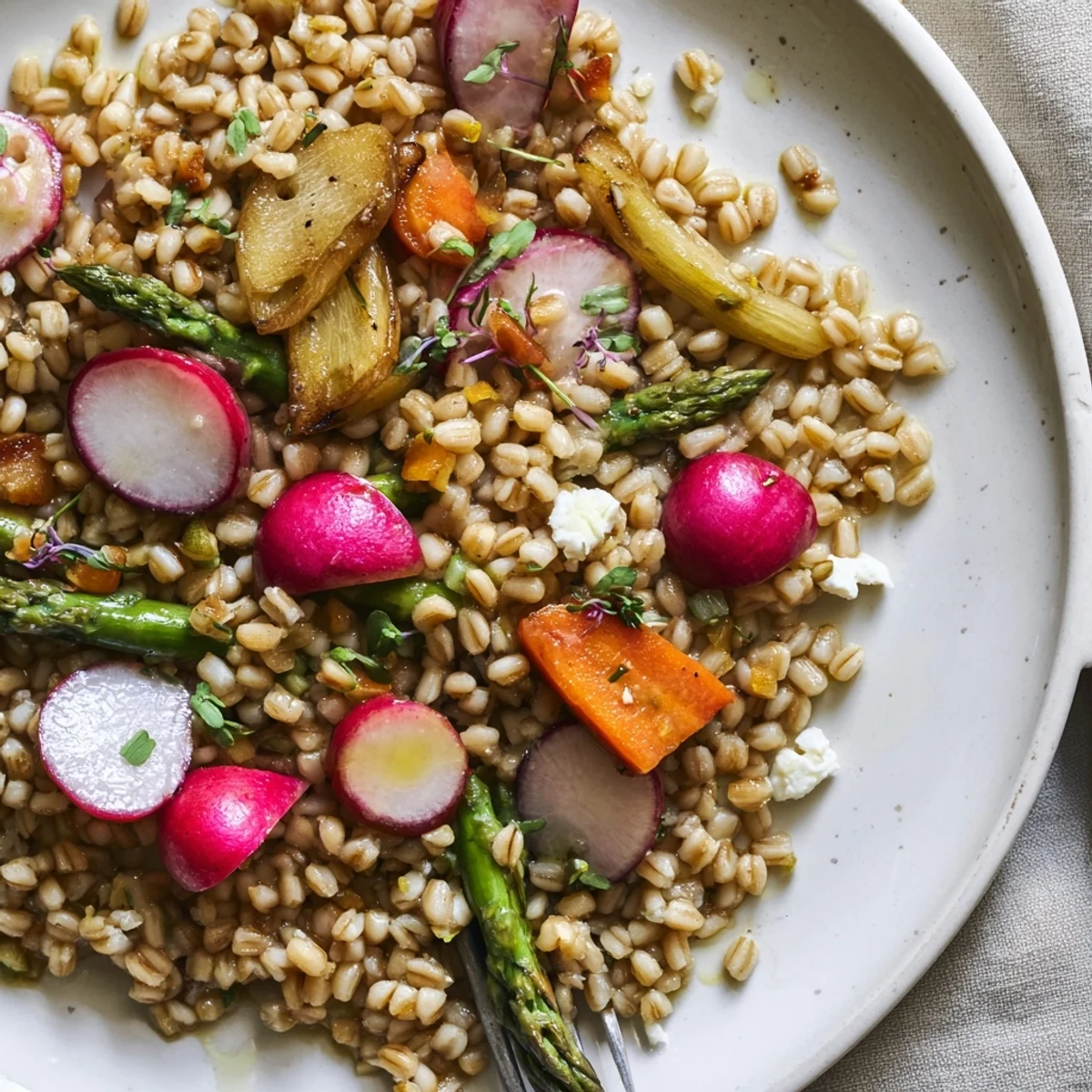 Warm Barley and Roasted Spring Vegetable Salad showcasing chewy grains and caramelized vegetables