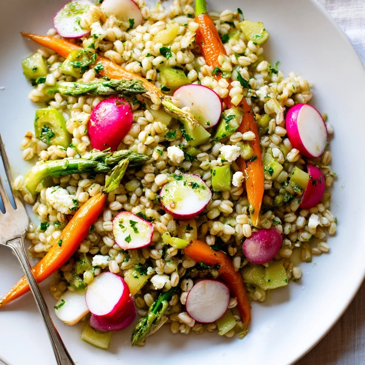 Bowl of Warm Barley and Roasted Spring Vegetable Salad with zesty lemon-herb dressing