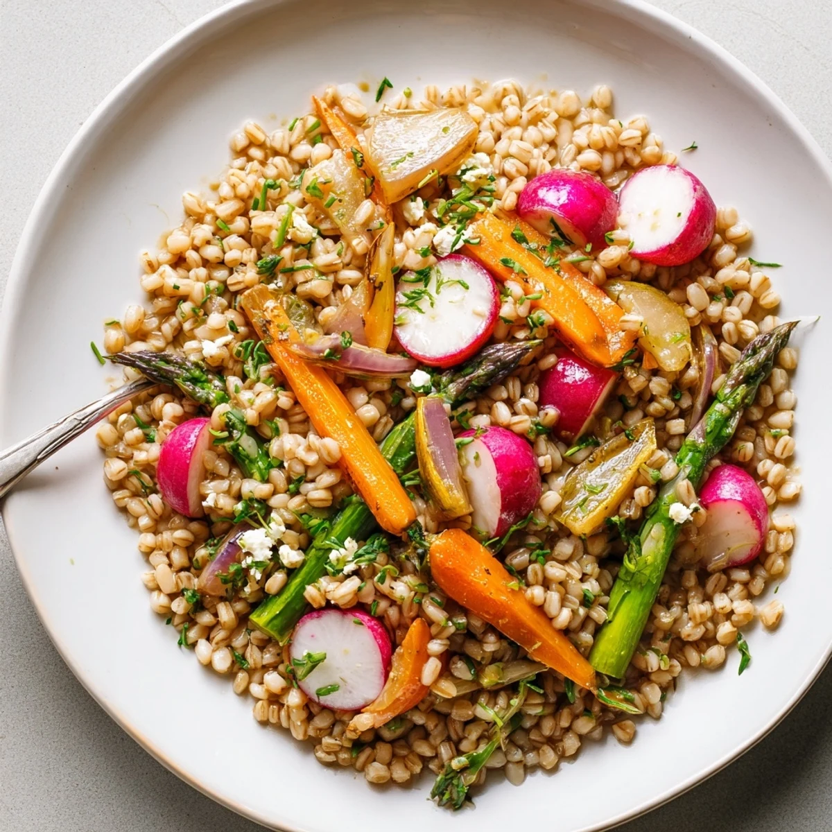 Chewy barley, roasted radishes, and asparagus in Warm Barley and Roasted Spring Vegetable Salad