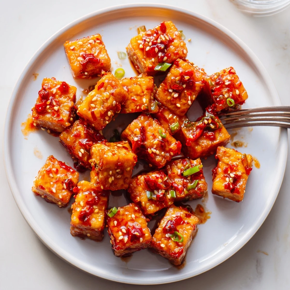 Crispy Chili Garlic Tempeh Bites piled on rice, glossy spicy sesame glaze