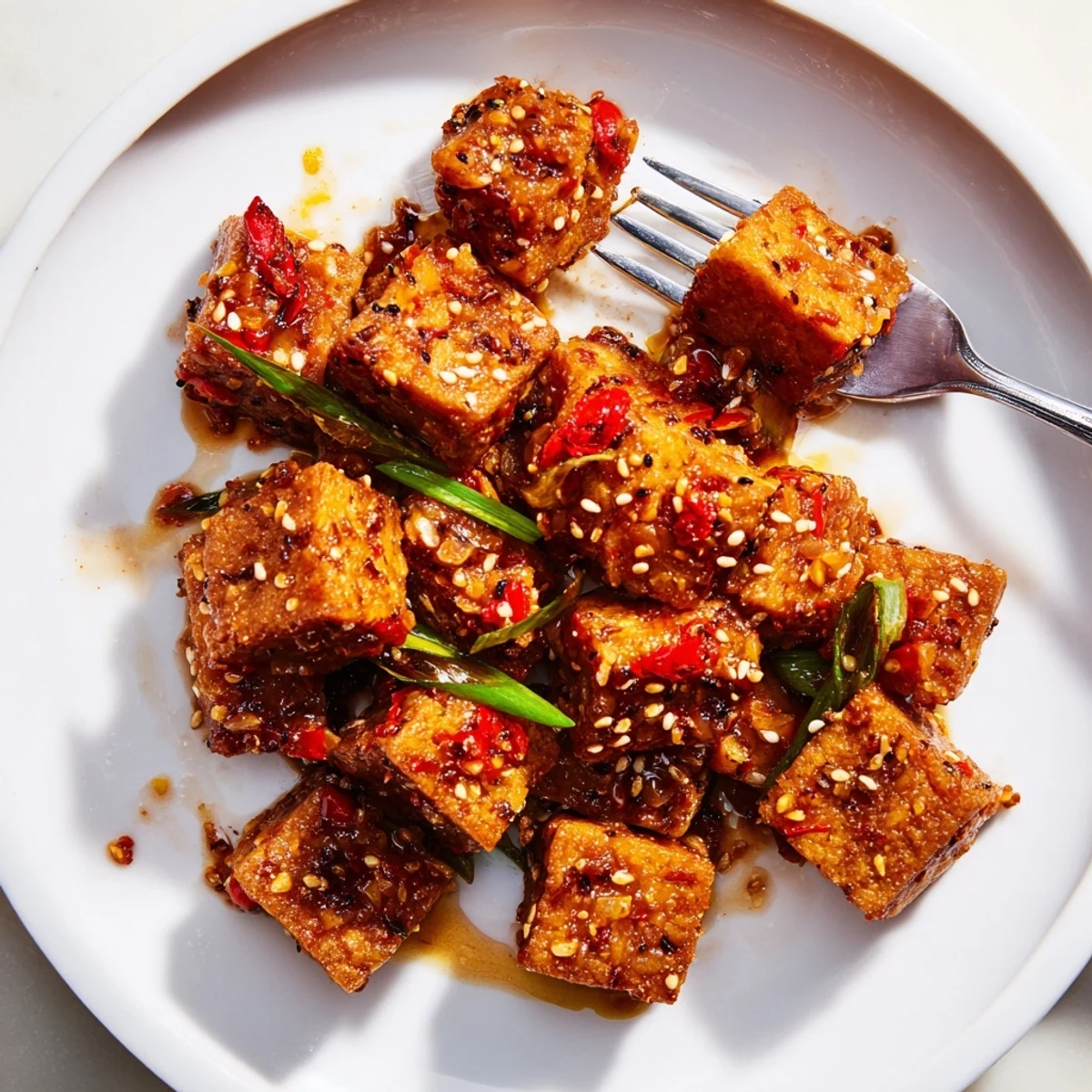 Crispy Chili Garlic Tempeh Bites served in lettuce wraps, crunchy, tangy