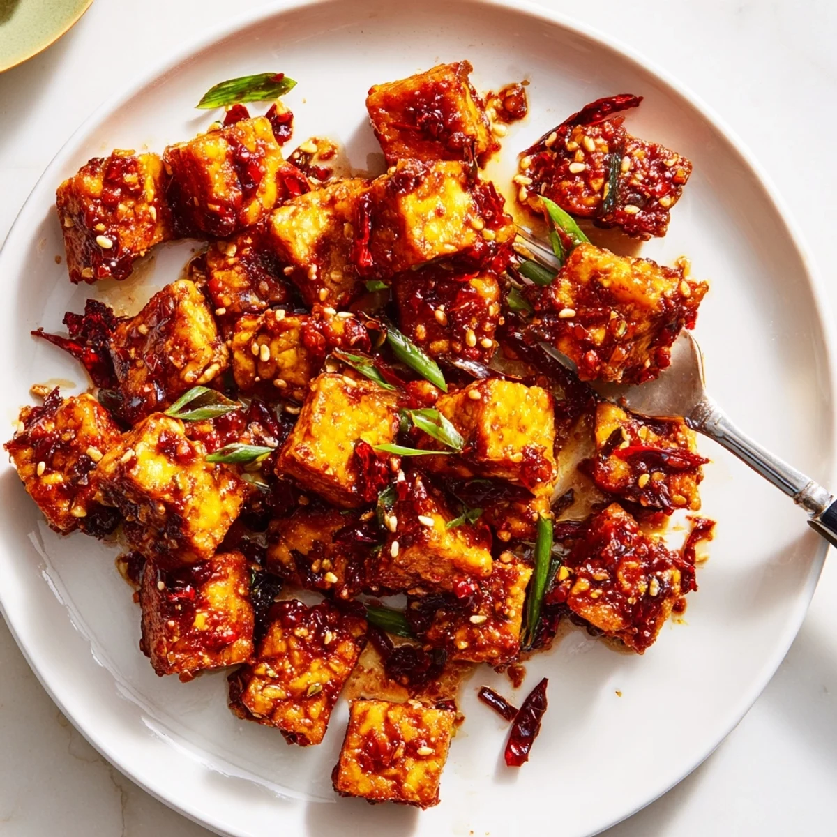 Skillet of Crispy Chili Garlic Tempeh Bites, golden cubes steaming, scallions