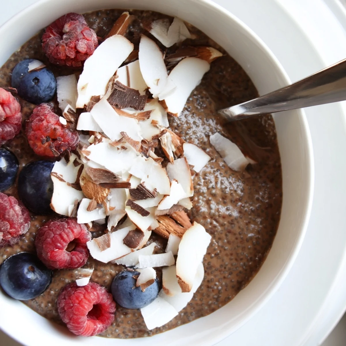 Cocoa Almond Coconut Chia Delight in glass, creamy, topped with fresh berries  
