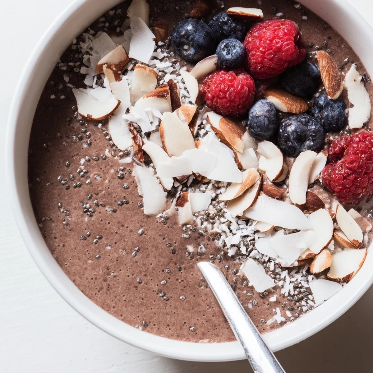 Chilled Cocoa Almond Coconut Chia Delight scooped into bowl, garnished with toasted coconut