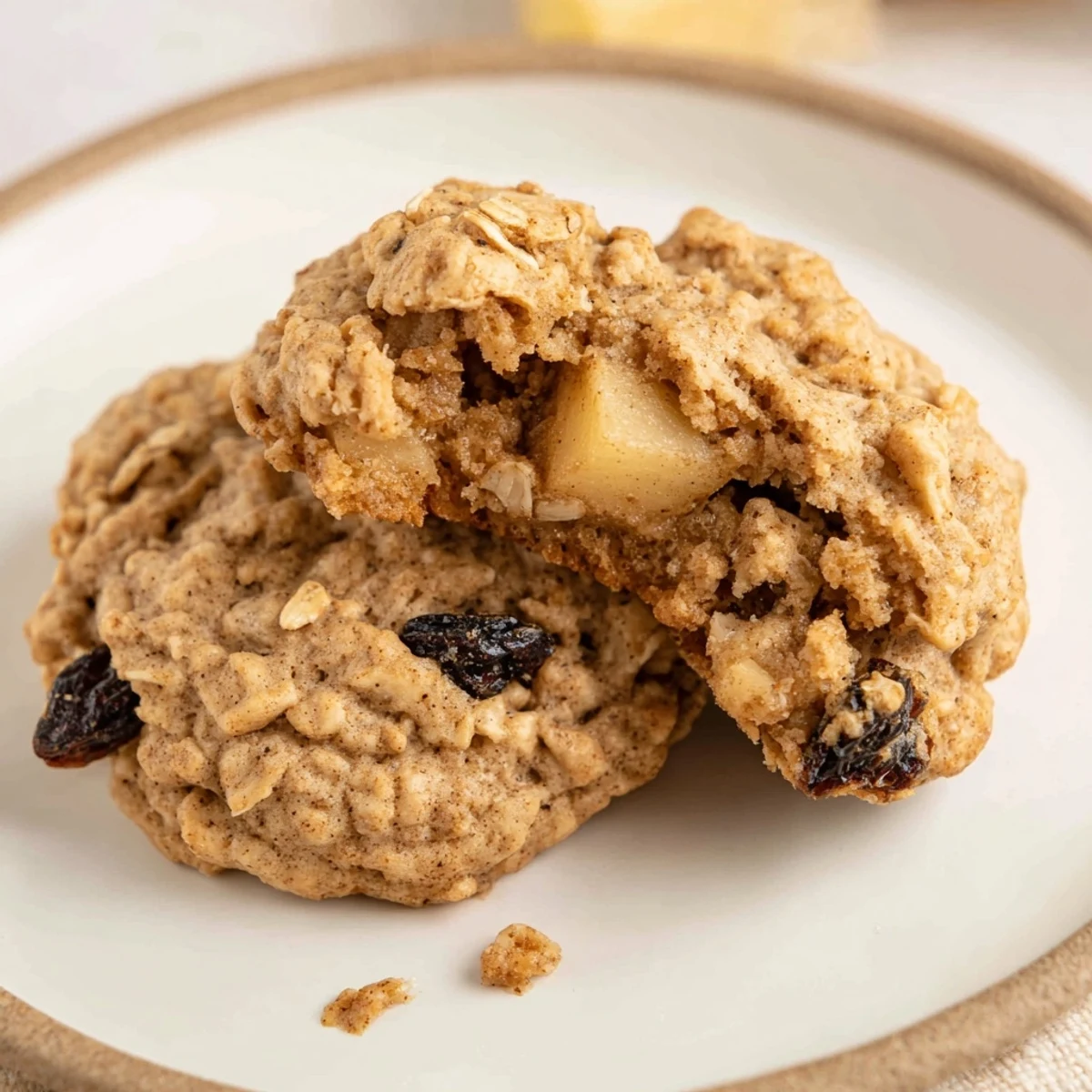 Stack of Apple Clove Oatmeal Raisin Cookies beside steaming spiced chai