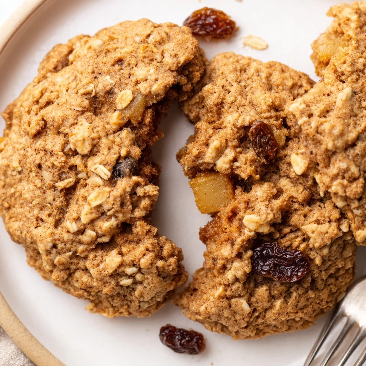 Fresh-baked Apple Clove Oatmeal Raisin Cookies, soft chewy centers, cinnamon aroma