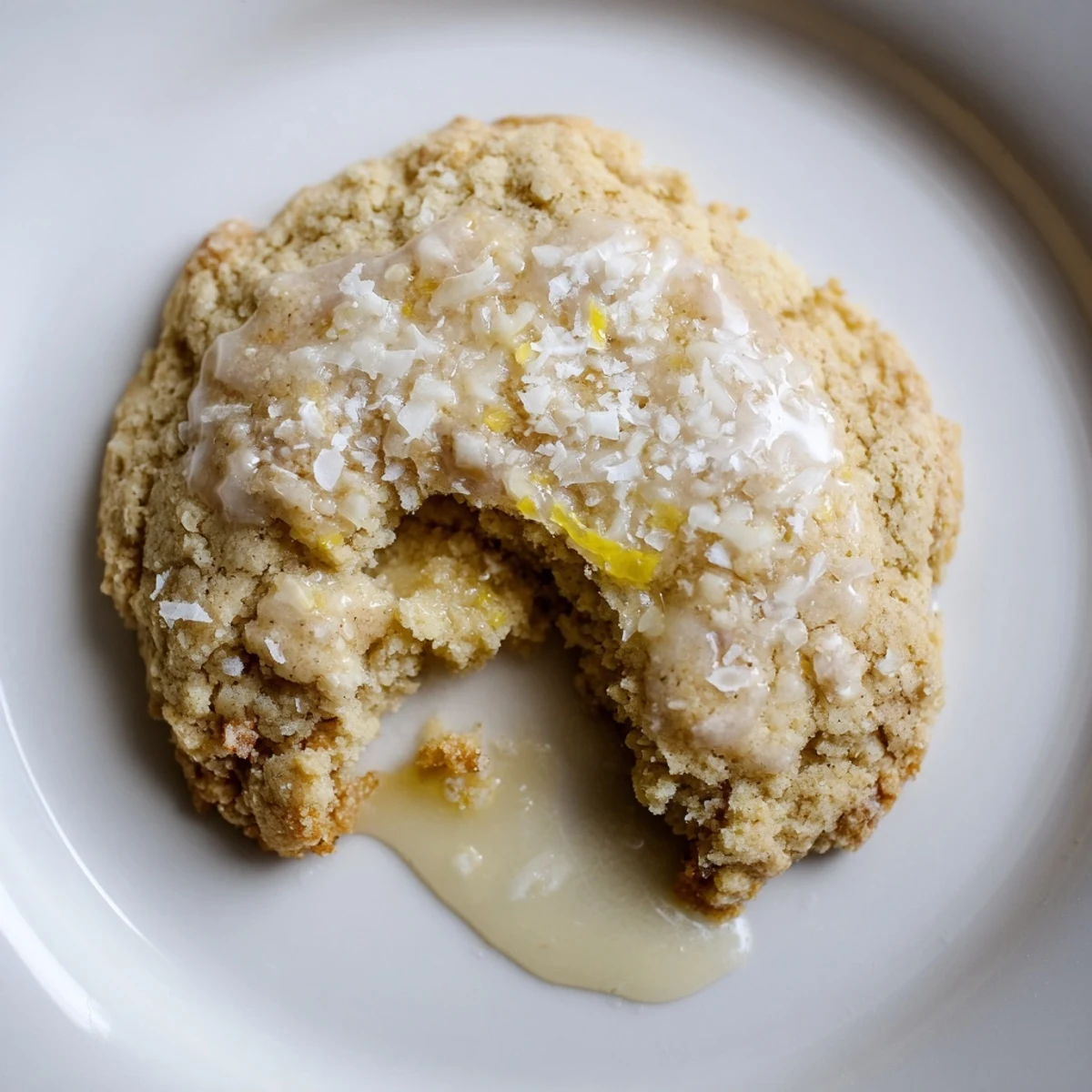 Plate of Gluten-Free Lemon Coconut Drizzle Cookies, tender, coconut scented, zesty citrus drizzle