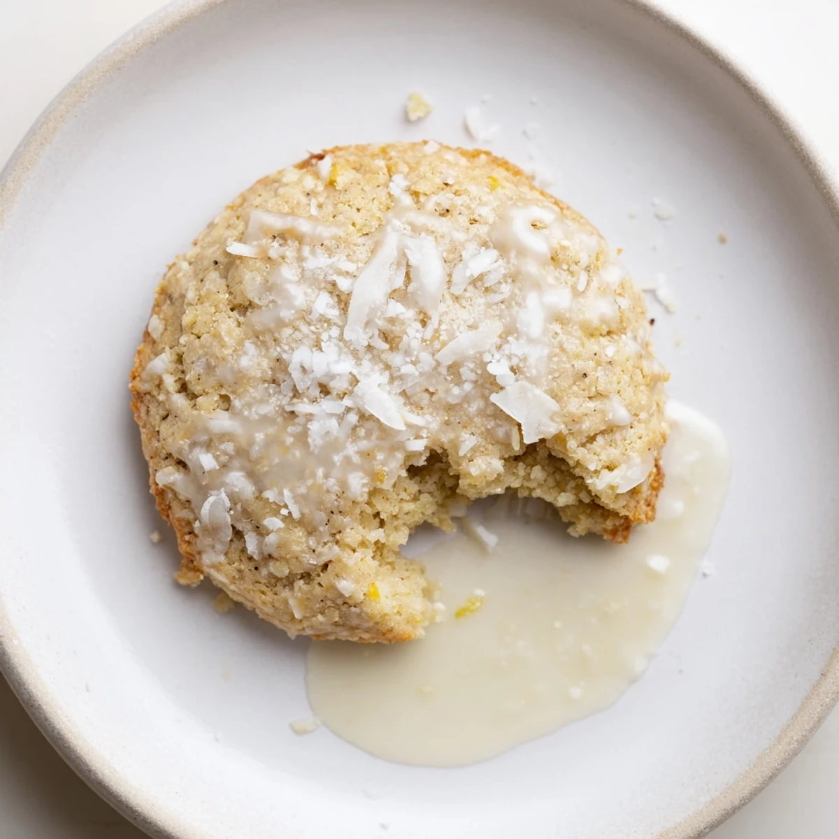 Warm Gluten-Free Lemon Coconut Drizzle Cookies on parchment lined baking sheet, sugared drizzle