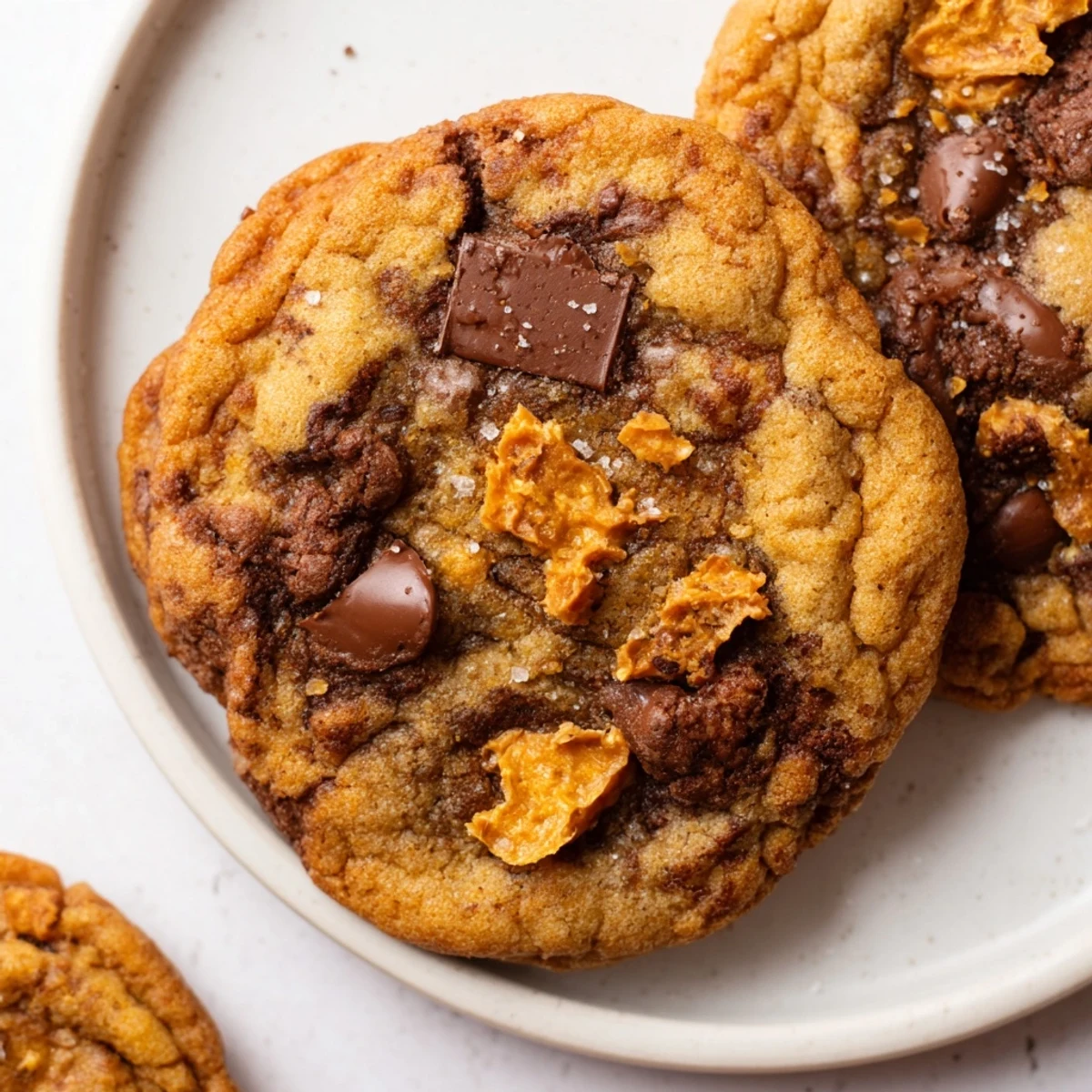 Brown Butter Honeycomb Chocolate Chip Cookies with gooey chocolate and crunchy toffee
