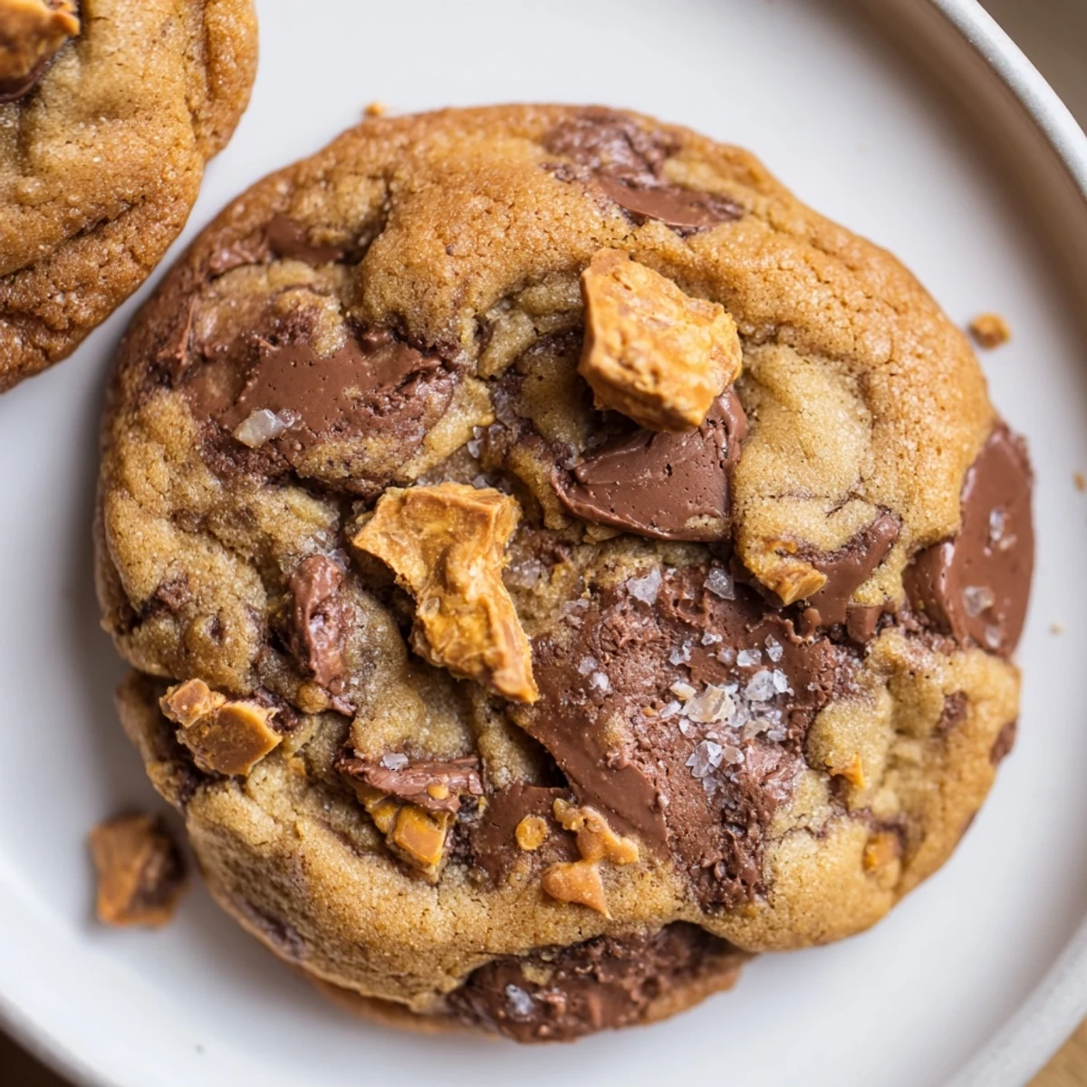 Stacked Brown Butter Honeycomb Chocolate Chip Cookies beside cold milk, sticky caramel centers