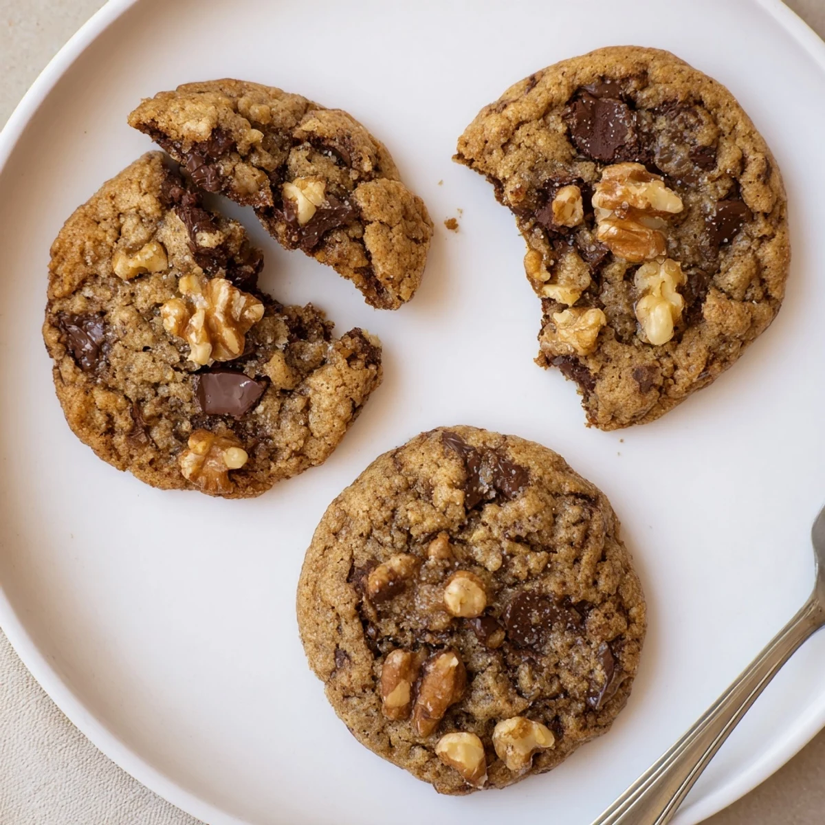 Gluten-Free Dark Chocolate Walnut Crunch Cookies cooling on wire rack, melty centers.