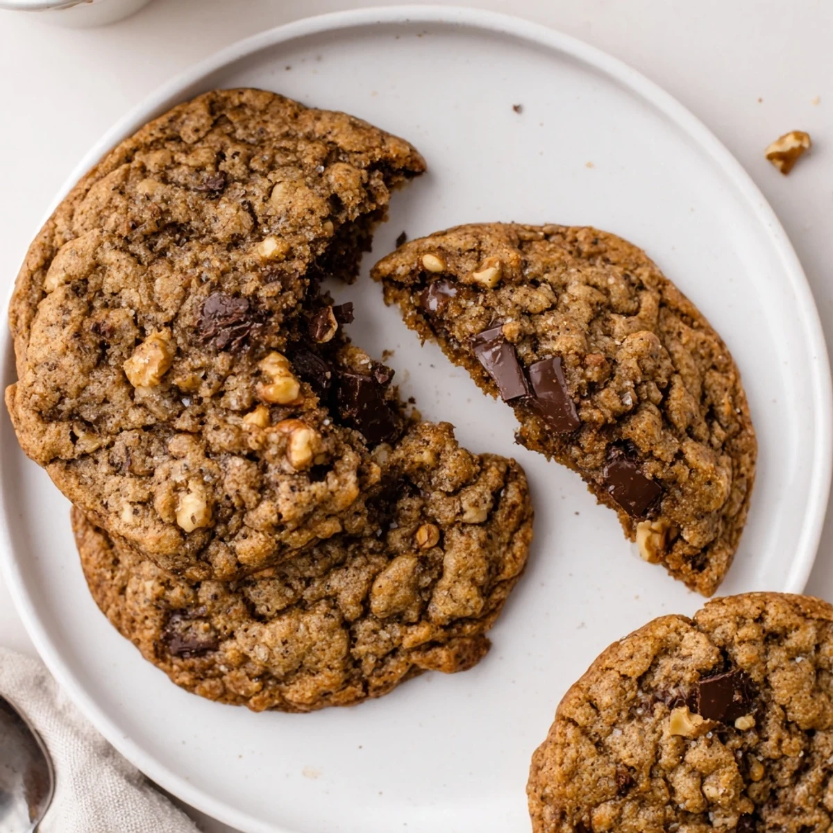 Plate of warm Gluten-Free Dark Chocolate Walnut Crunch Cookies topped with toasted walnuts.