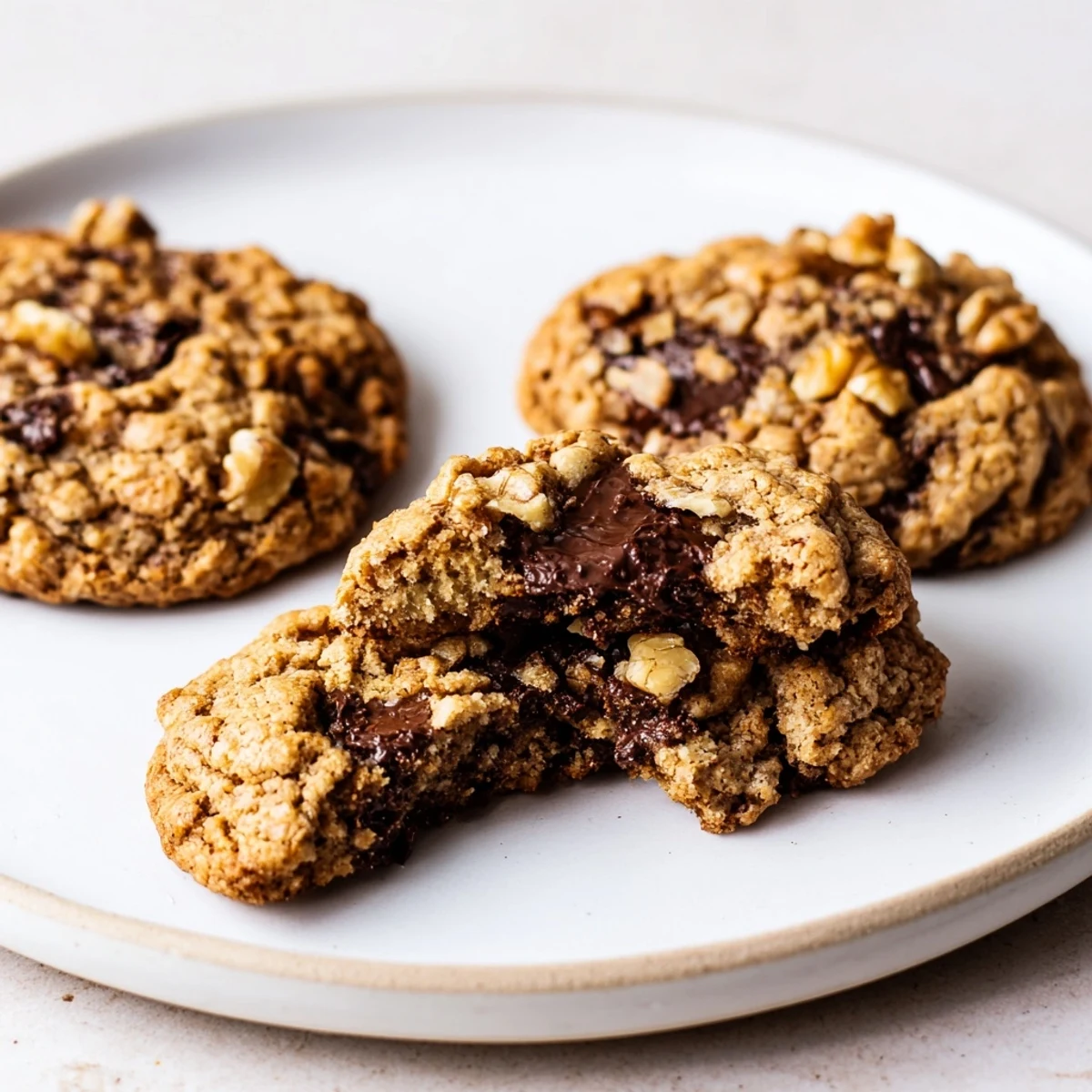 Halved Gluten-Free Dark Chocolate Walnut Crunch Cookies reveal gooey chocolate and crunchy walnuts.