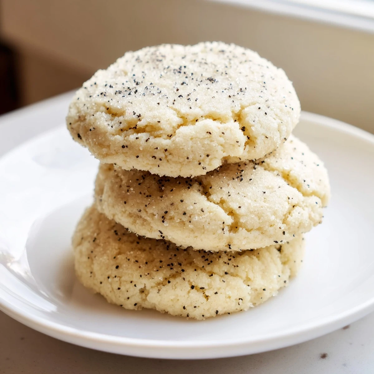 Plate of Vegan Vanilla Bean Sugar Cookies, soft centers and fragrant vanilla