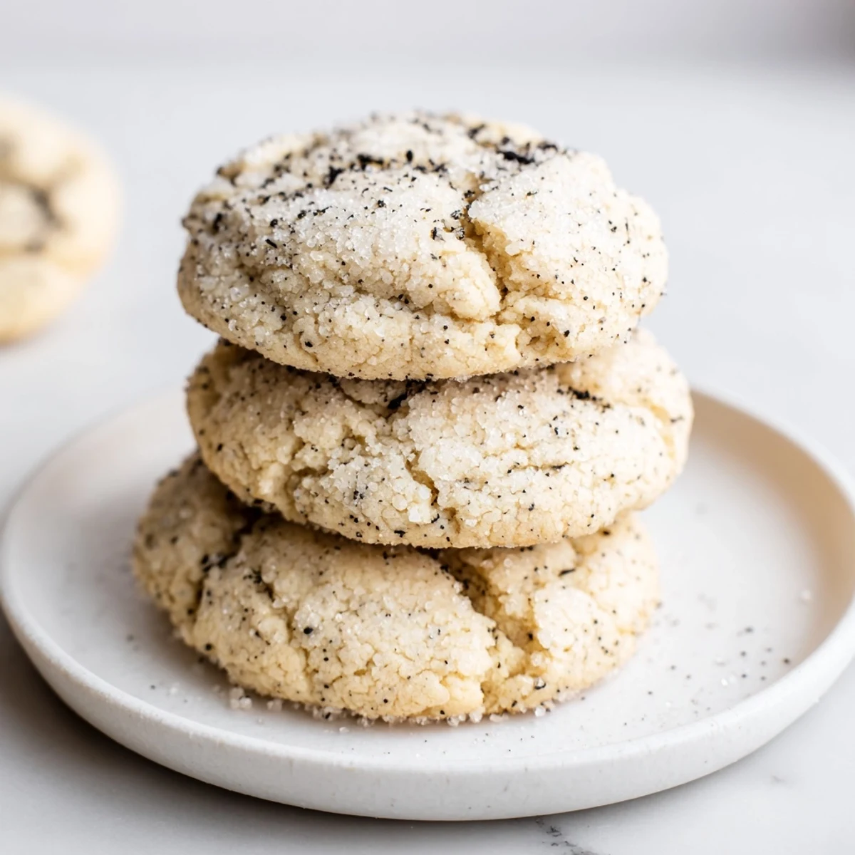 Fresh-baked Vegan Vanilla Bean Sugar Cookies rolled in sparkling sugar, ideal gifting
