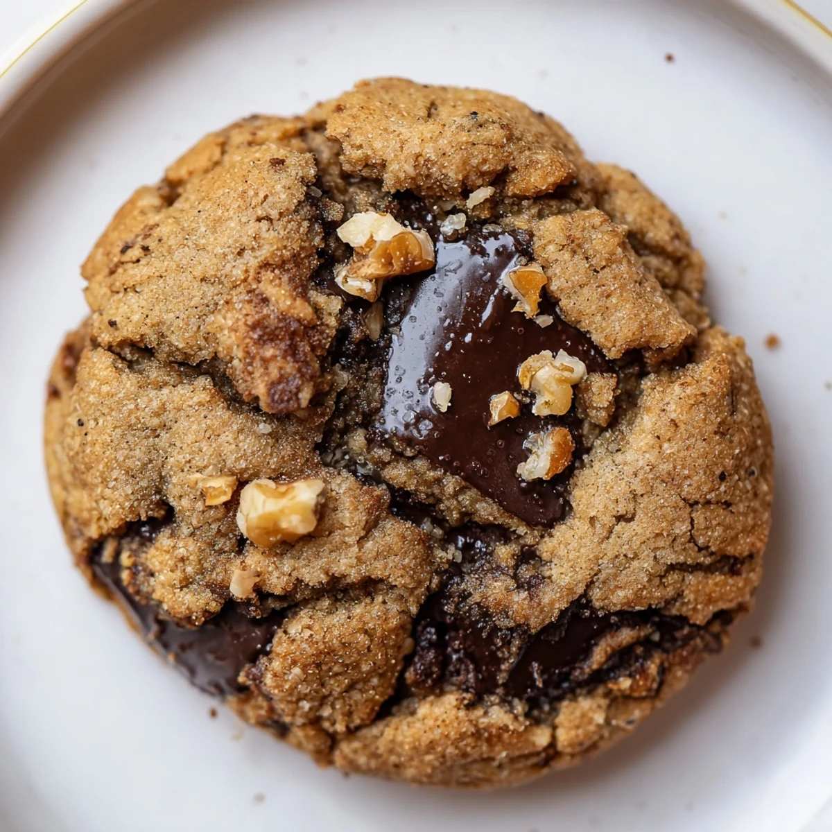 Close-up of chewy Gluten-Free Espresso Chocolate Chunk Cookies with walnut crumbs.