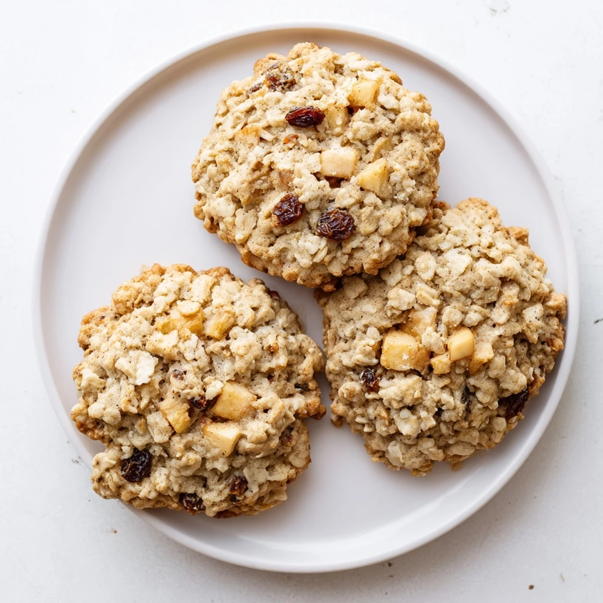 Soft baked apple vanilla oatmeal raisin cookies showing diced apple pieces and rolled oats