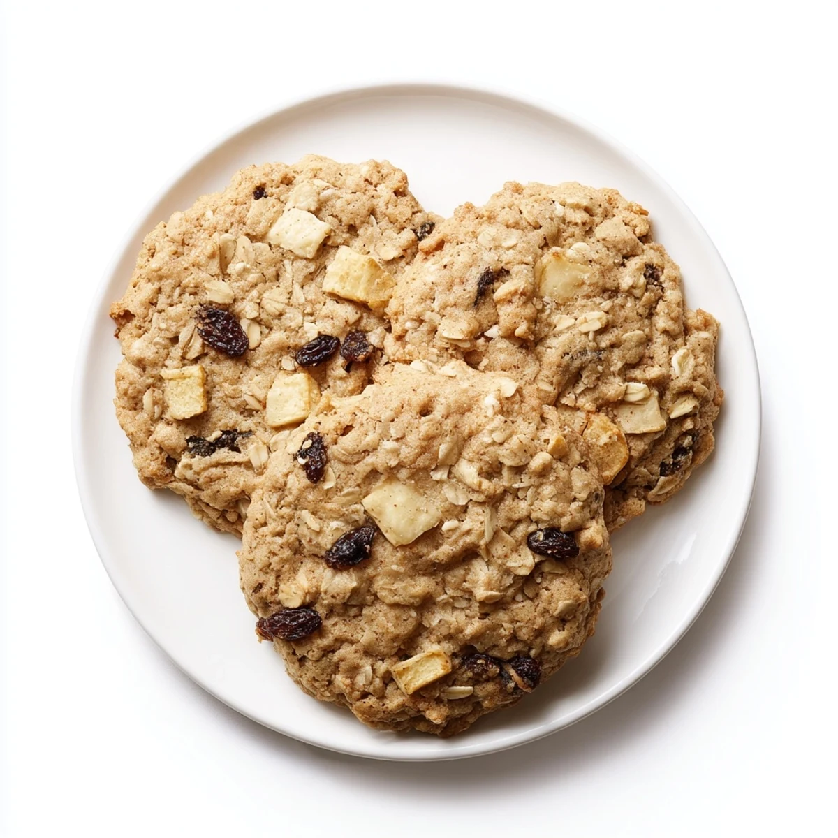 Homemade apple vanilla oatmeal raisin cookies stacked on a wooden board with raisins visible