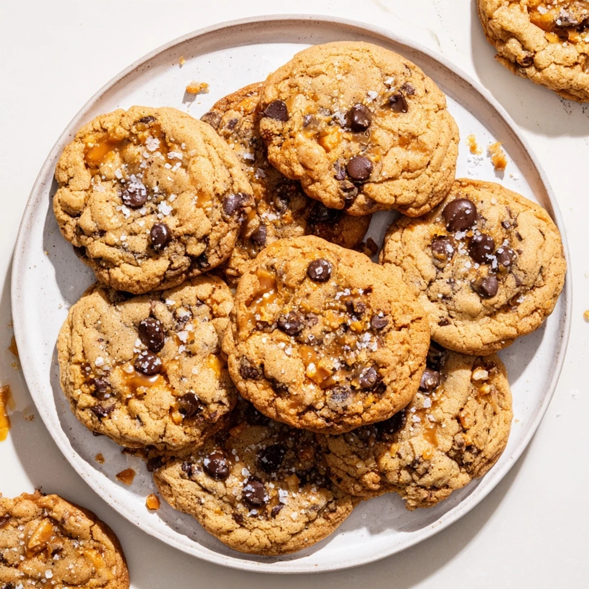 Golden brown butter caramel crunch chocolate chip cookies with melted chocolate and gooey caramel centers