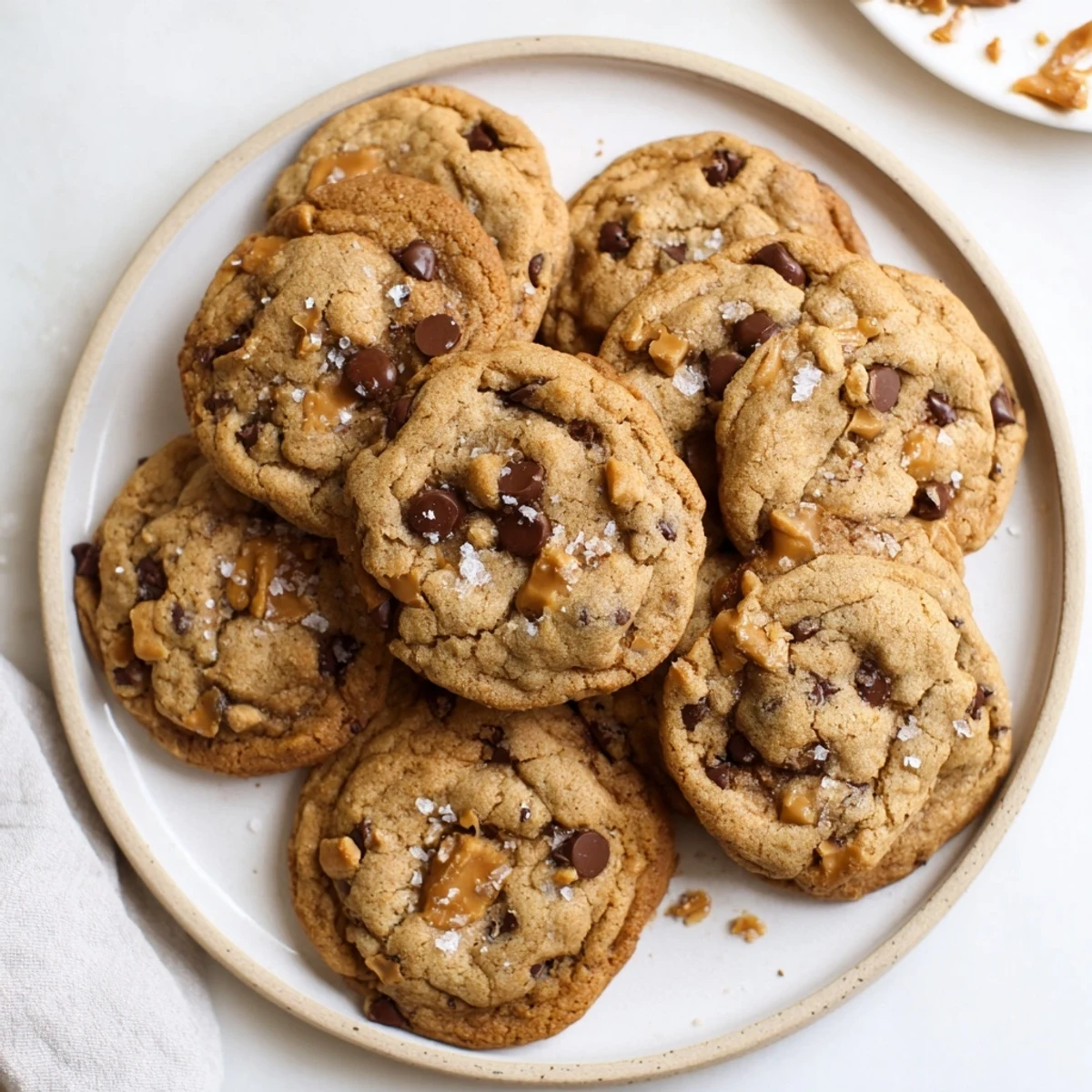 Freshly baked brown butter caramel crunch chocolate chip cookies sprinkled with flaky sea salt on top