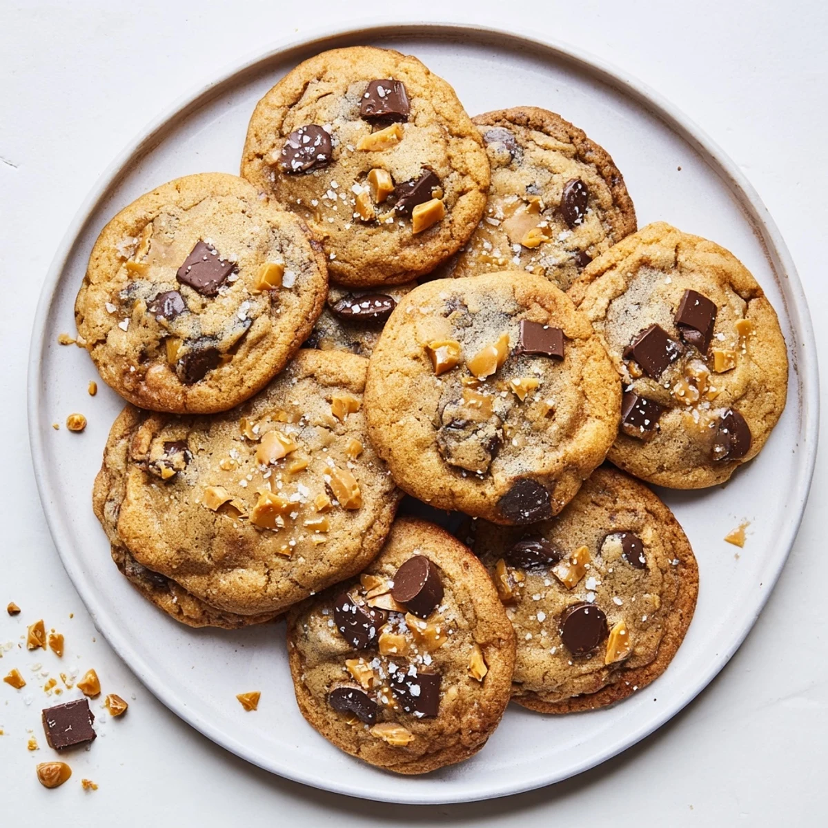 Chewy brown butter caramel crunch chocolate chip cookies stacked on a wire cooling rack with toffee bits visible