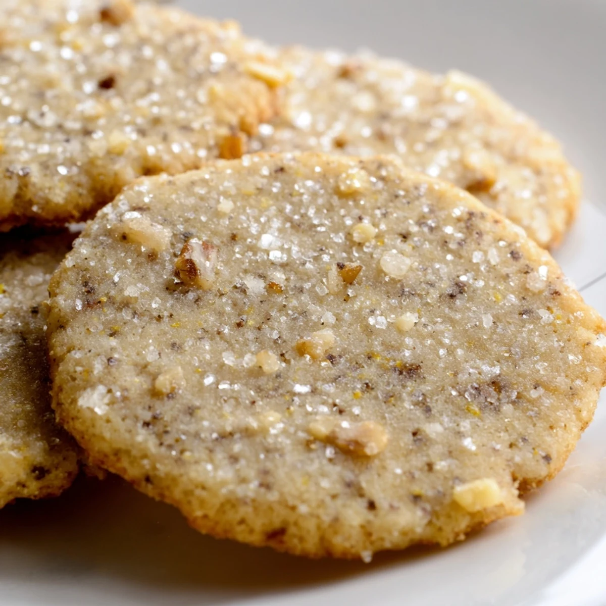Golden gluten-free lemon walnut sugar cookies with crinkled tops and visible walnut pieces on a white plate