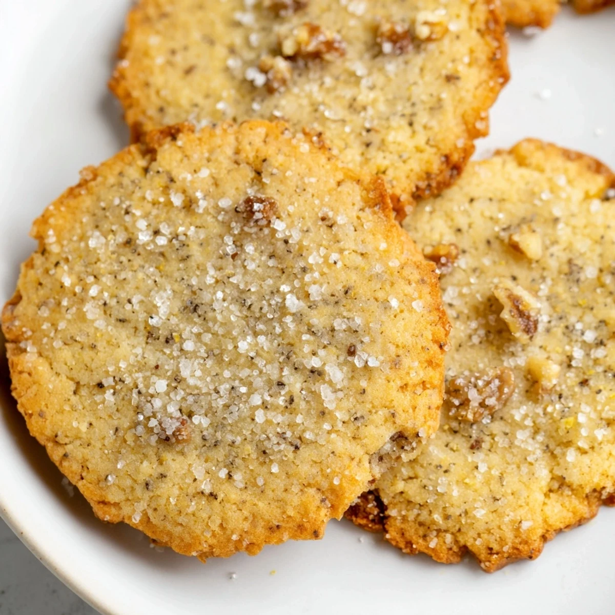 Stack of soft gluten-free lemon walnut sugar cookies dusted with sparkling sugar, ready for afternoon tea