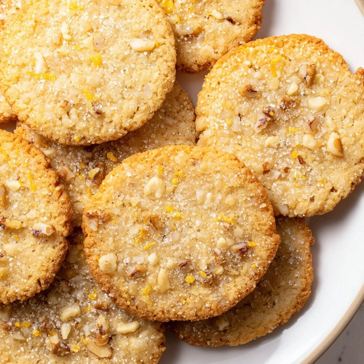 Close-up of gluten-free lemon walnut sugar cookies showing crisp edges, chewy centers, and bright lemon zest flecks