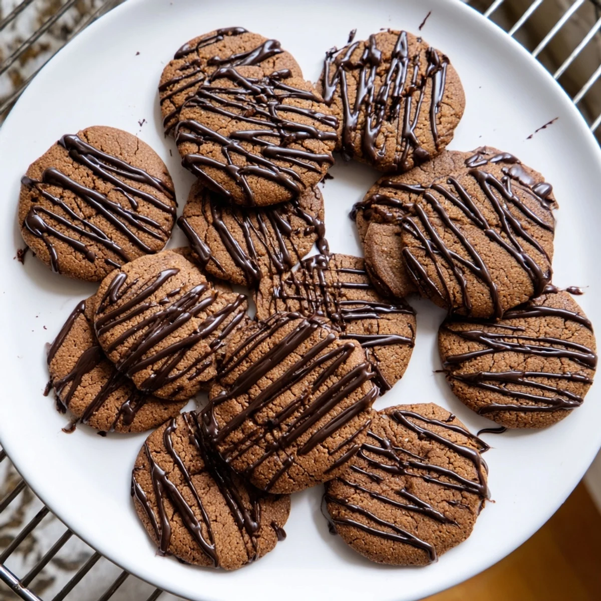 Dark gluten-free espresso cookies topped with glossy melted chocolate drizzle on marble surface