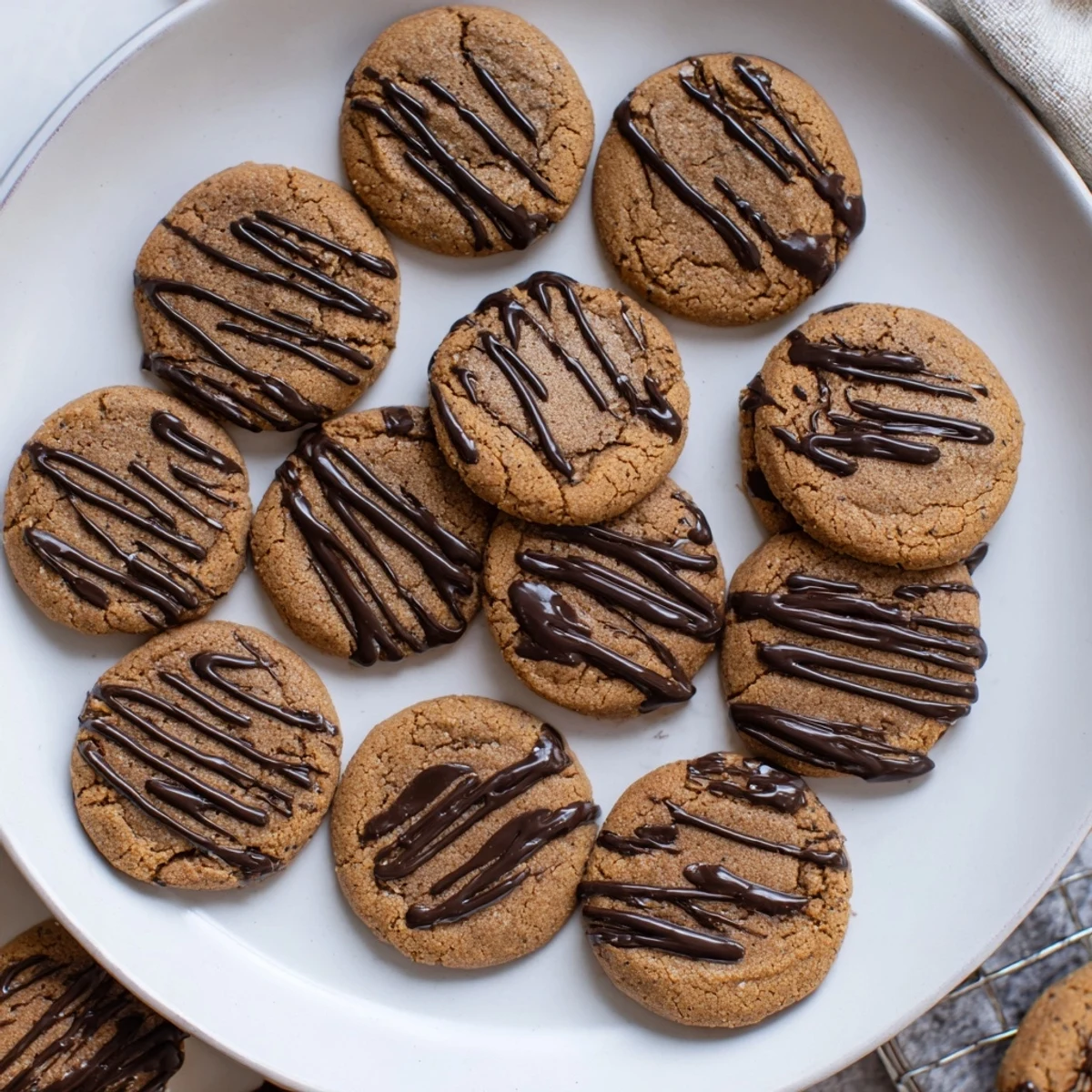Plate of gluten-free espresso chocolate drizzle cookies with coffee cup in background