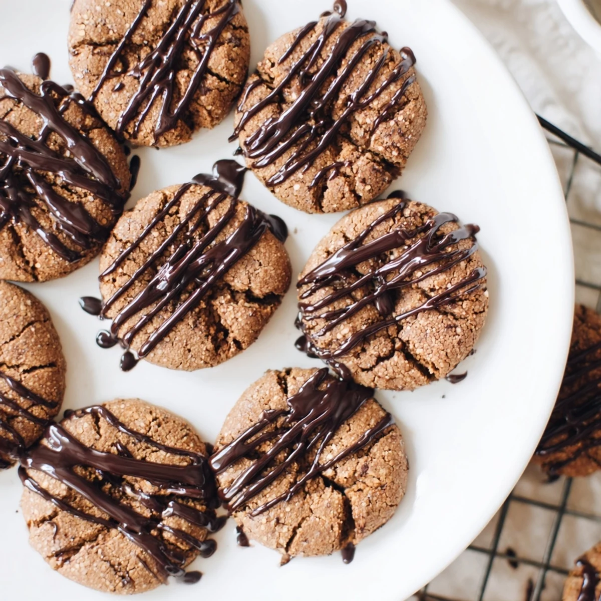 Chewy gluten-free espresso chocolate drizzle cookies arranged on a white wire cooling rack