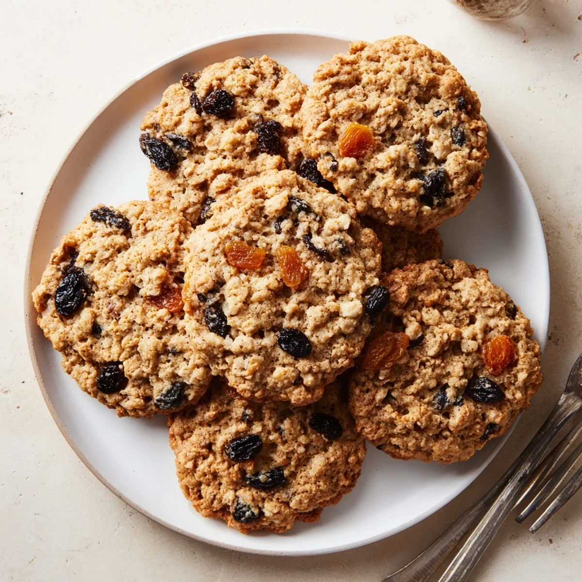Golden brown vegan blueberry apricot oatmeal raisin cookies with visible dried fruit chunks on a wire rack