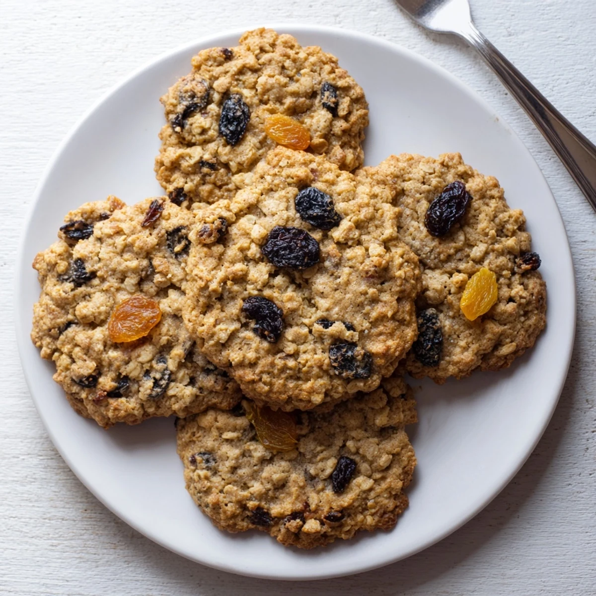 Soft chewy vegan blueberry apricot oatmeal raisin cookies fresh from the oven with golden edges