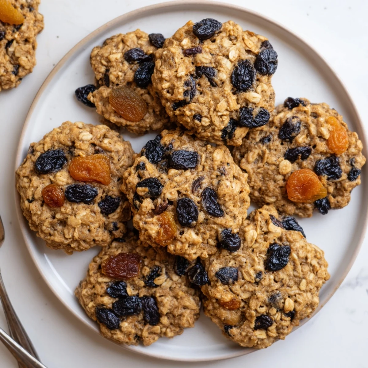 Stack of wholesome vegan blueberry apricot oatmeal raisin cookies studded with colorful dried blueberries and apricots