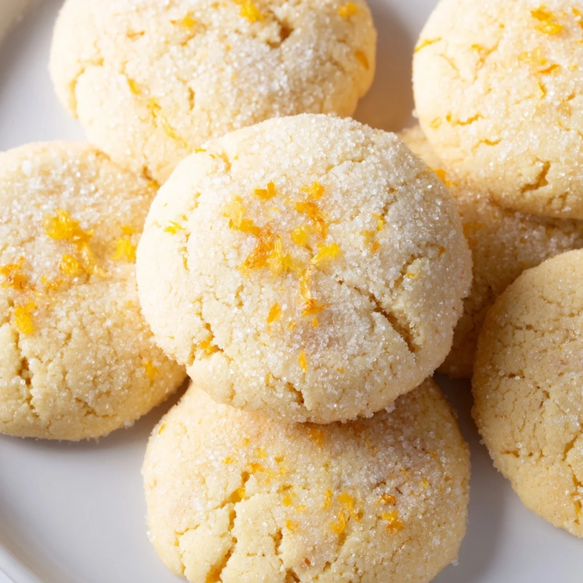 Soft plant-based sugar cookies dotted with orange and lemon zest on a white serving plate