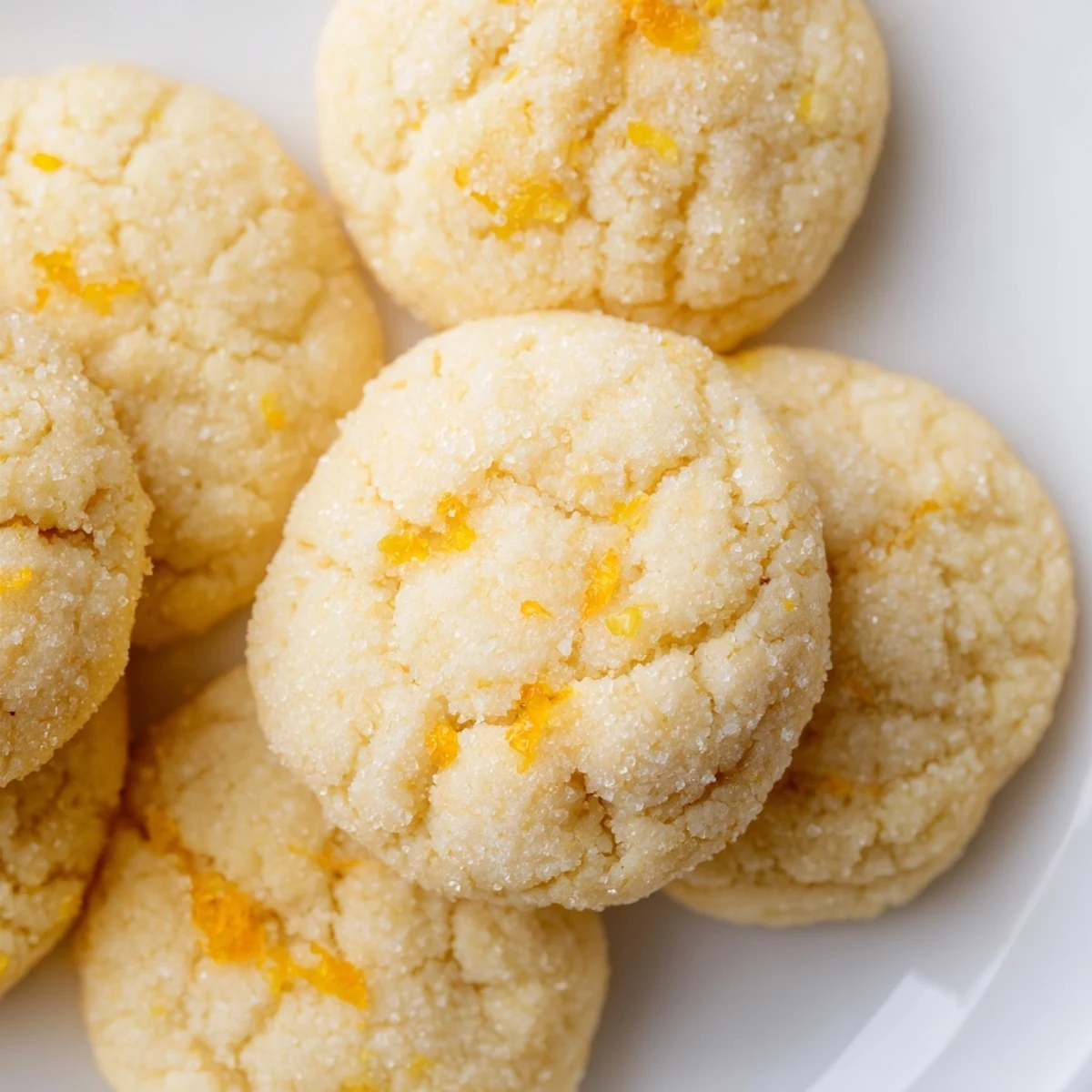 Golden vegan vanilla citrus sugar cookies with crinkled sugar coating and fresh citrus zest garnish