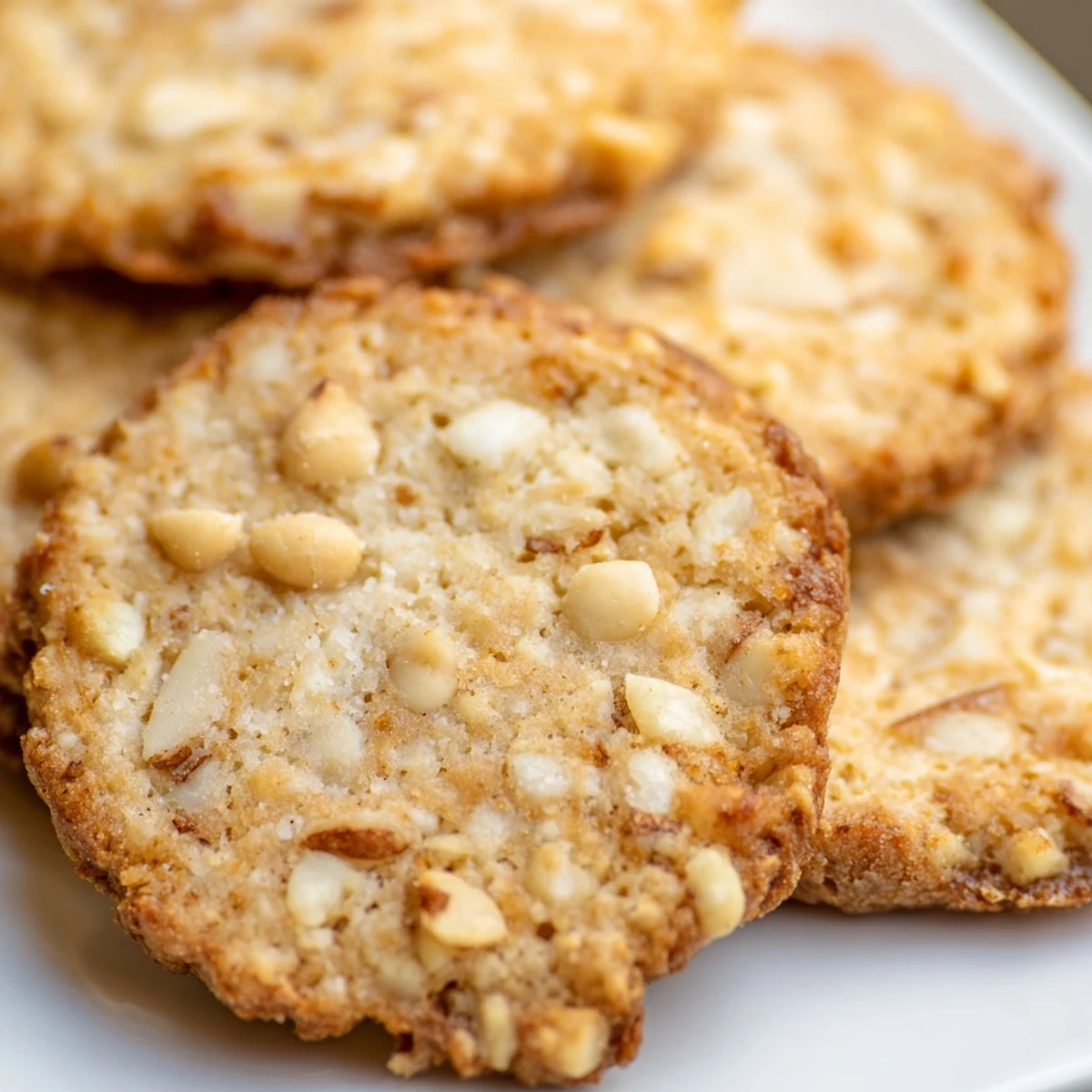 Golden keto maple macadamia butter cookies stacked on a white plate with chopped macadamia nut pieces visible on top