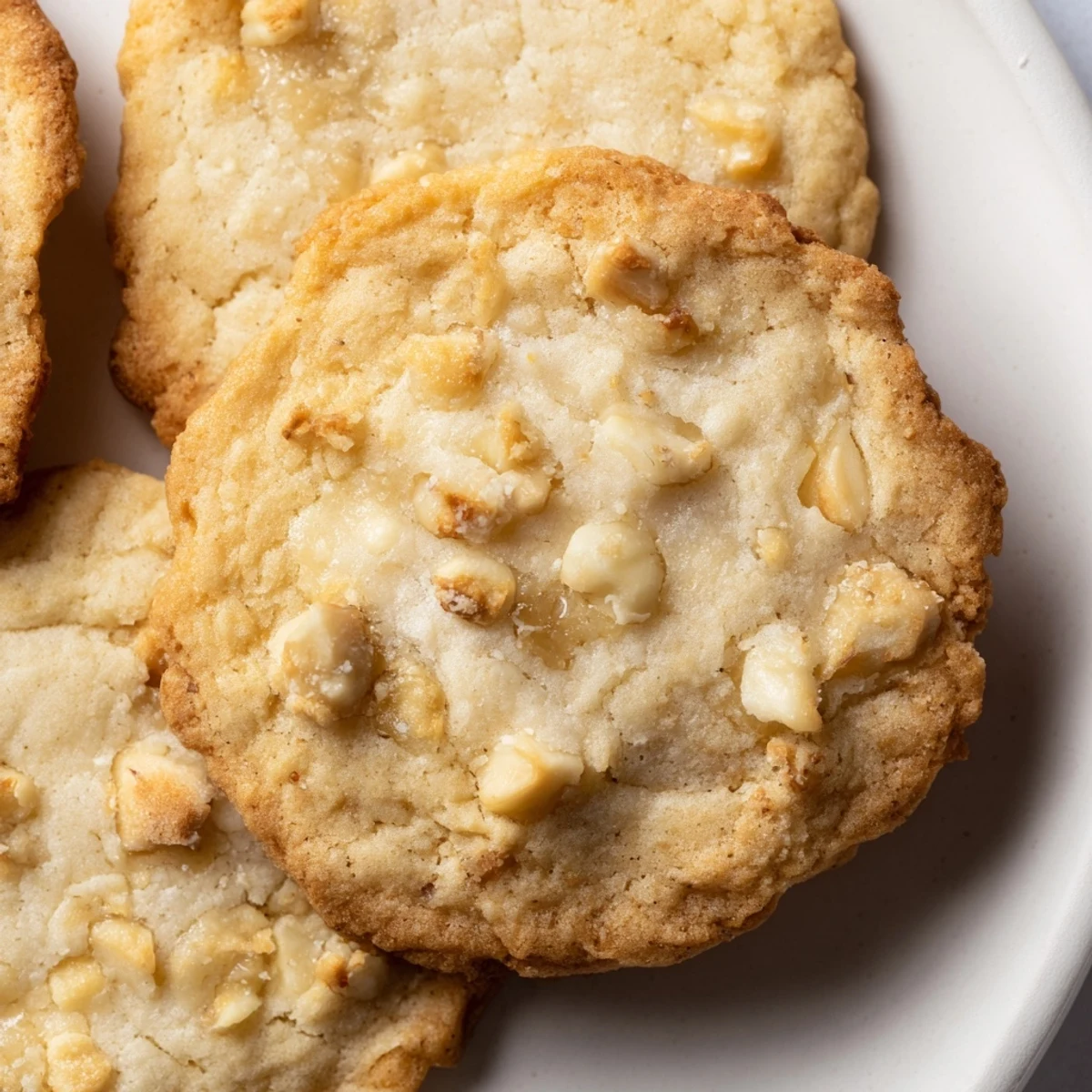 Freshly baked low carb maple cookies cooling on a wire rack with golden brown edges and crunchy macadamia nuts