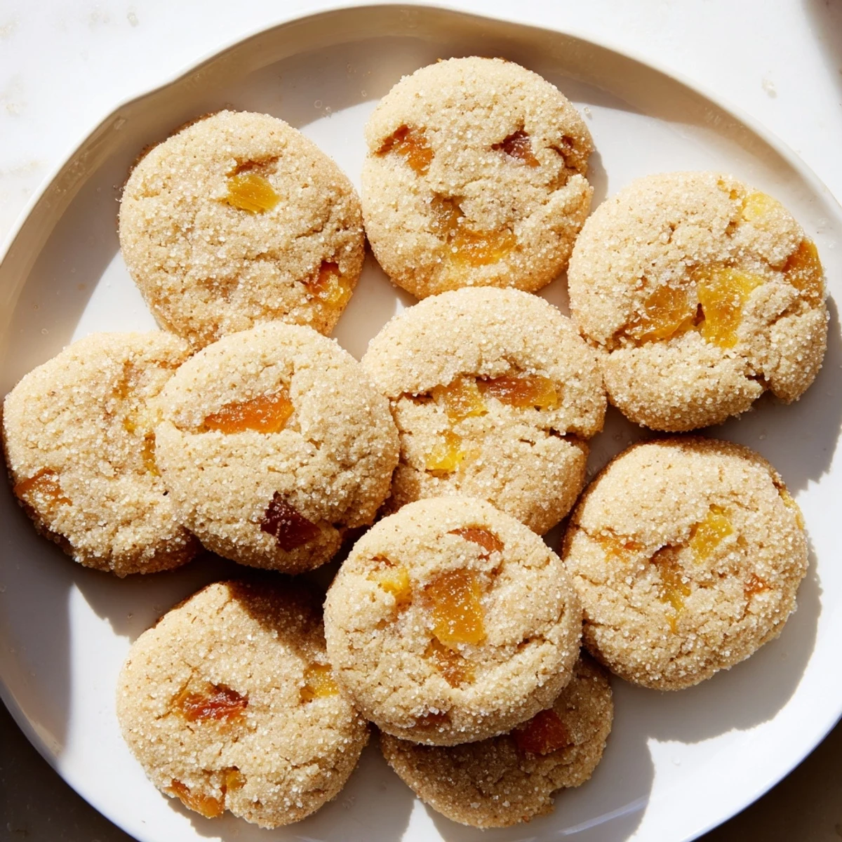 Soft golden vegan pineapple apricot sugar cookies topped with sparkling sugar on a white baking sheet