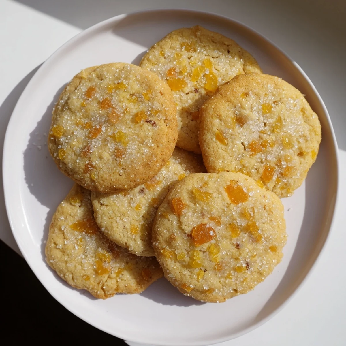 Chewy plant-based sugar cookies studded with bright dried pineapple and apricot pieces, ready for serving