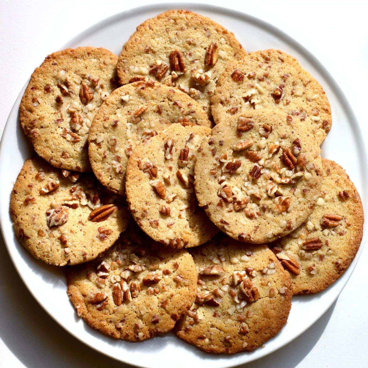 Golden brown keto vanilla pecan crunch cookies with toasted nut pieces on a parchment-lined baking sheet