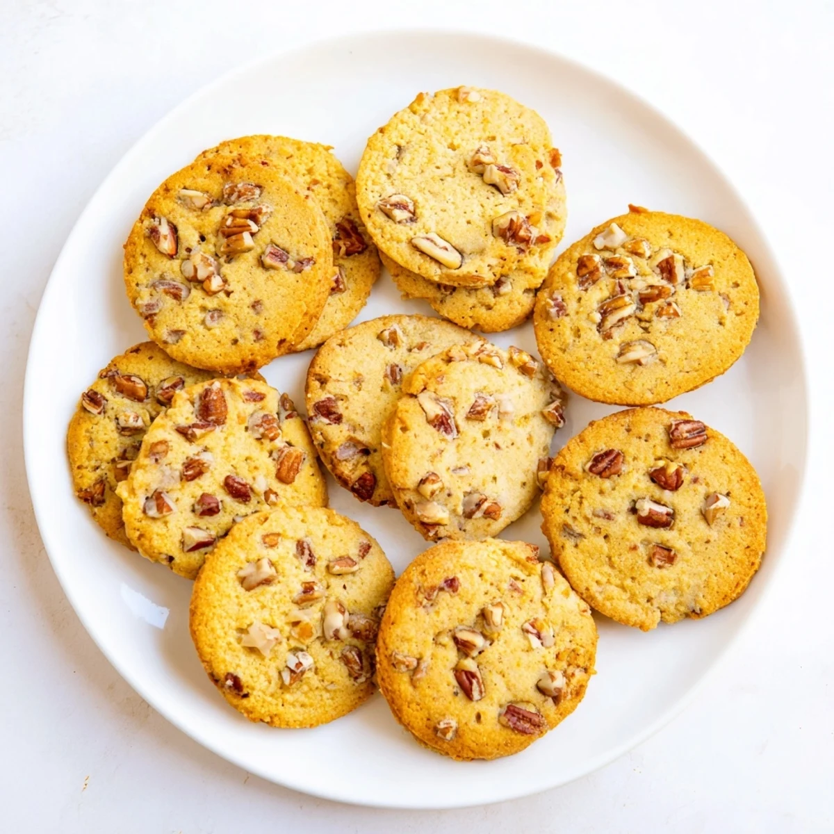 Crispy low-carb vanilla cookies studded with buttery roasted pecans, fresh from the oven and ready for serving