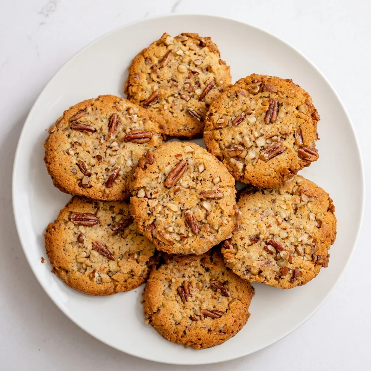 Stack of gluten-free keto vanilla pecan crunch cookies showing their crunchy texture and golden edges