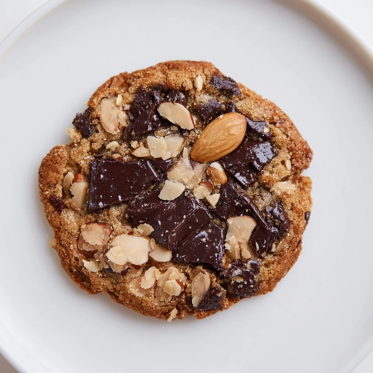 Golden brown gluten-free dark chocolate almond crisp cookies with visible chocolate chunks and toasted almond slices on a white plate